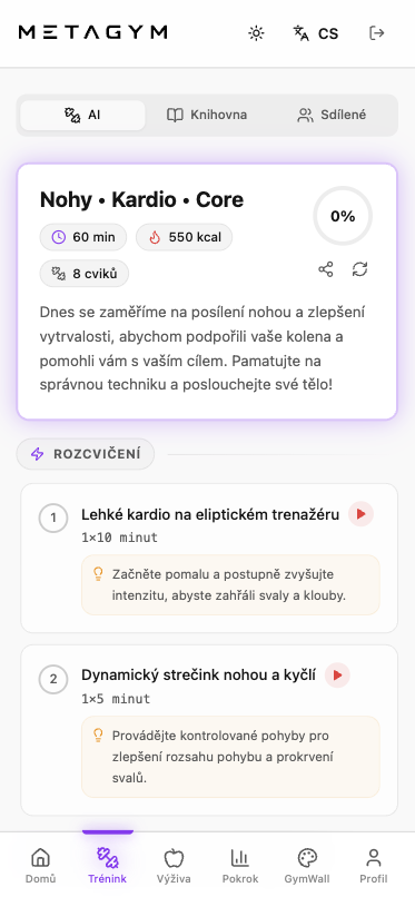 Tréninkový plán v aplikaci METAGYM DNES s cviky a tipy