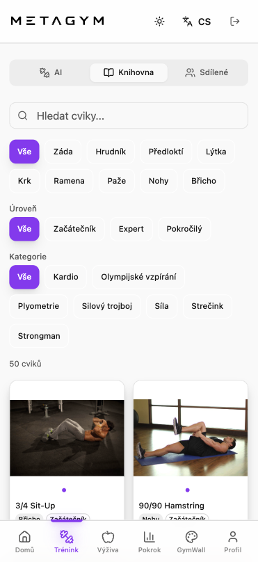 Knihovna 50 cviků v aplikaci METAGYM DNES