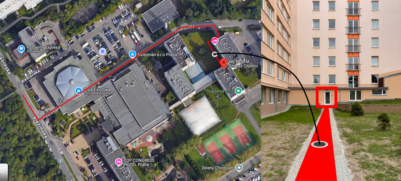 Mapa cesty do METAGYM Chodov přes areál TOP Hotelu a vyznačený vchod